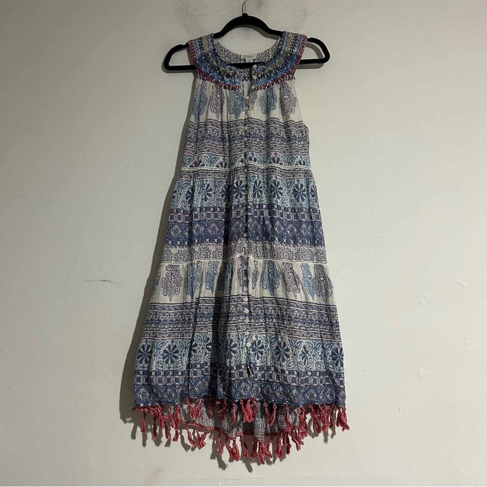 Sundance Blue Floral Abstract Tassel Halter Mini Dress Boho Cottage Vacation